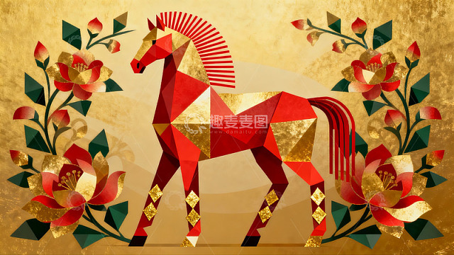 金色背景上的红色几何马图案