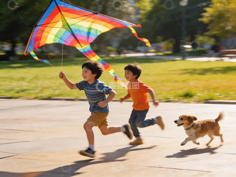 高清大图下载【趣麦麦图】儿童公园放风筝奔跑
