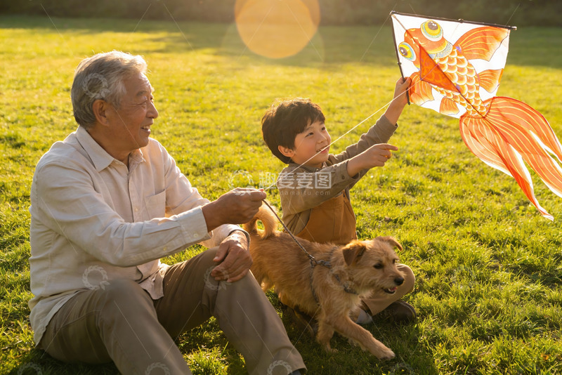 高清大图下载【趣麦麦图】爷孙放风筝草地欢乐时光