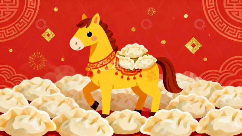 高清大图下载【趣麦麦图】卡通骏马驮饺迎新春