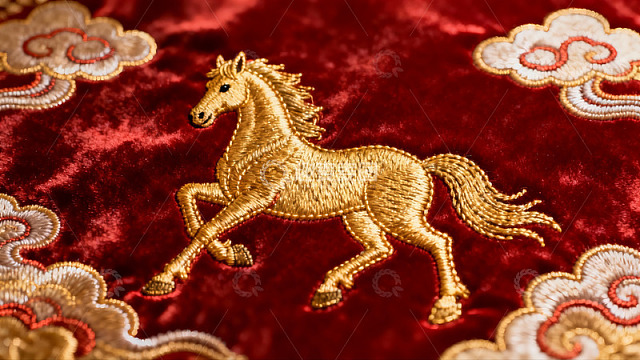 红色布料上的金色马刺绣图案