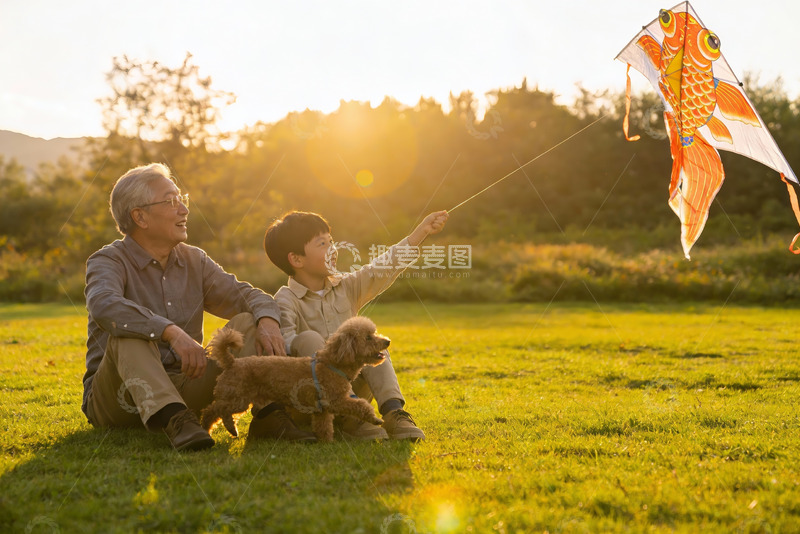 高清大图下载【趣麦麦图】祖孙放风筝其乐融融