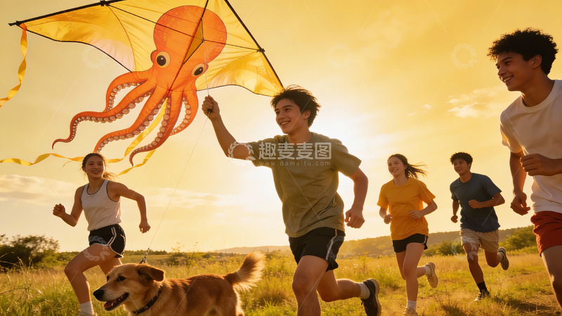 高清大图下载【趣麦麦图】青年户外奔跑放风筝