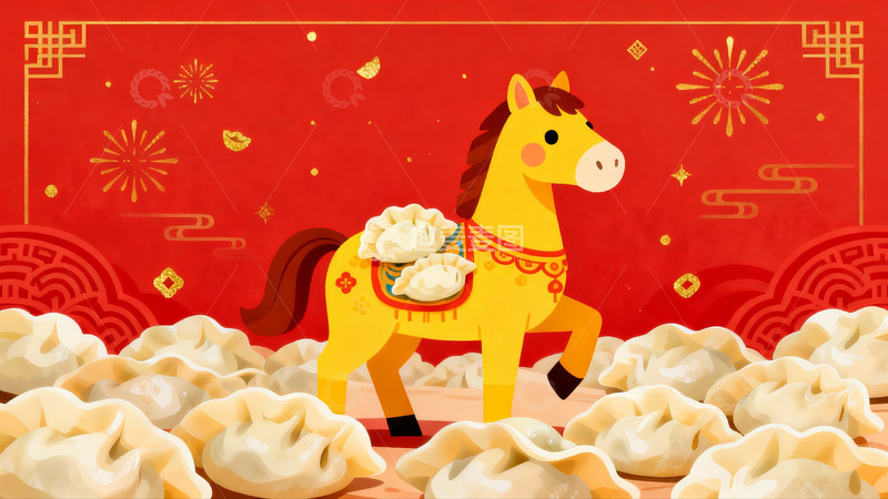 高清大图下载【趣麦麦图】卡通马驮饺子迎新年