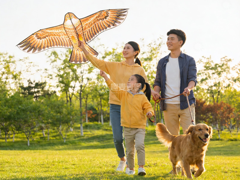 高清大图下载【趣麦麦图】一家三口公园放风筝与宠物狗