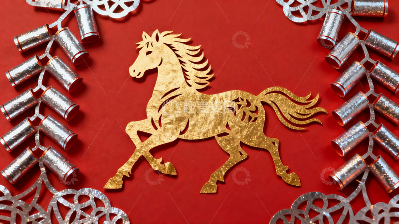高清大图下载【趣麦麦图】红色背景上的金色马剪纸装饰