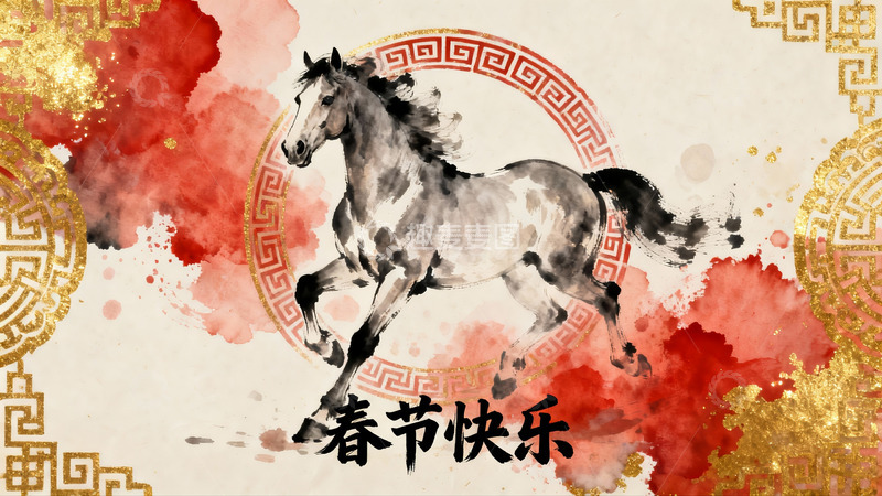 高清大图下载【趣麦麦图】水墨骏马迎春图