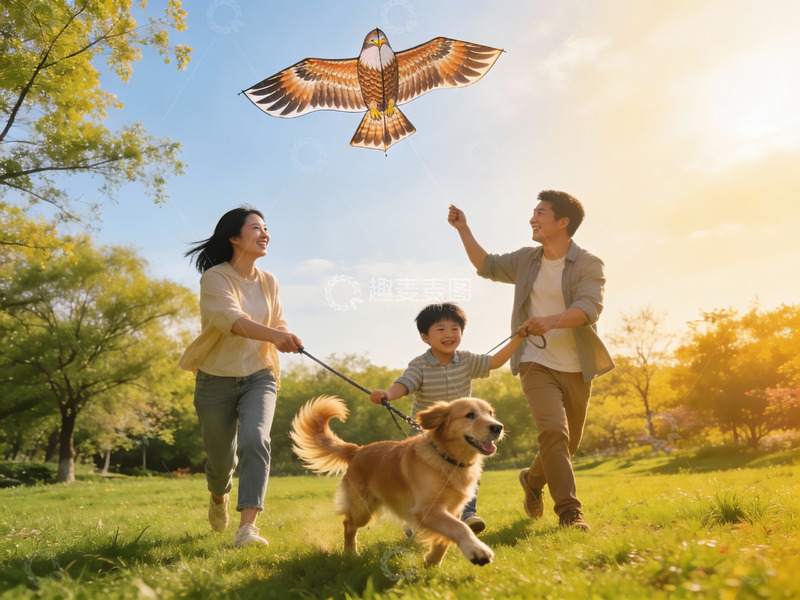 高清大图下载【趣麦麦图】家庭户外放风筝与遛狗