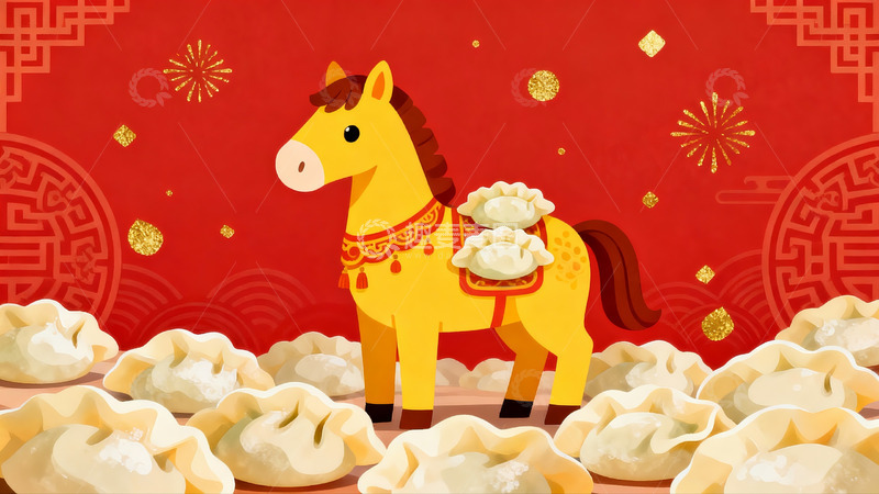 高清大图下载【趣麦麦图】卡通马驮饺子迎新年