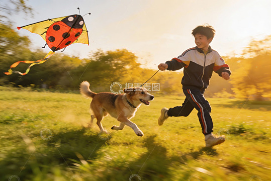 男孩与狗狗草地上放飞瓢虫风筝