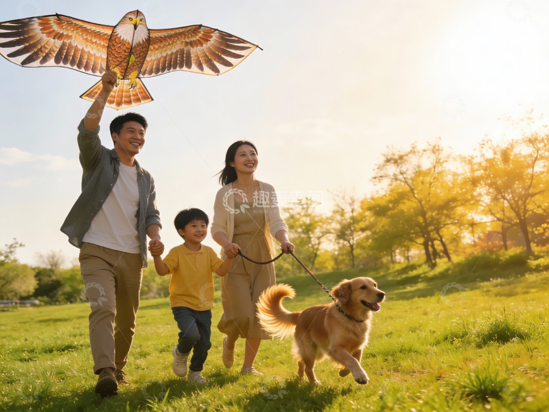 高清大图下载【趣麦麦图】家庭户外放风筝遛狗