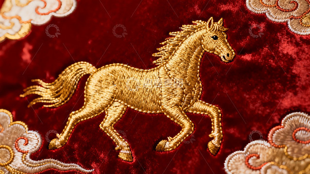 金色骏马刺绣图案