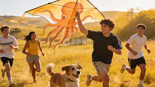 四人户外奔跑放飞章鱼风筝