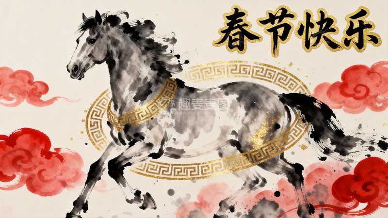 高清大图下载【趣麦麦图】水墨骏马迎春图