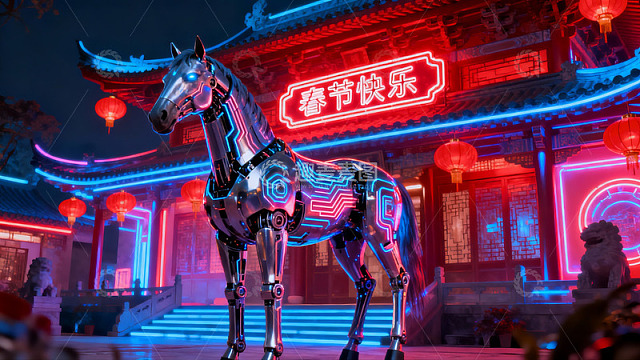 未来科技马与传统建筑夜景