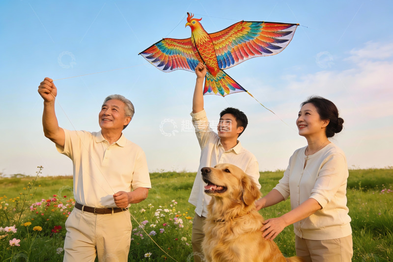 高清大图下载【趣麦麦图】三代同框放飞凤凰风筝
