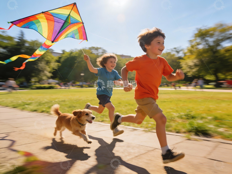 高清大图下载【趣麦麦图】儿童公园放风筝奔跑欢乐