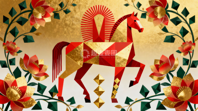 高清大图下载【趣麦麦图】金色背景上的红色几何马图案