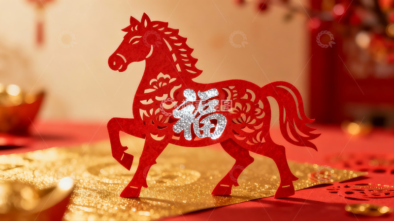 高清大图下载【趣麦麦图】红色剪纸马与福字装饰