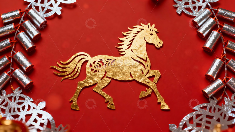 高清大图下载【趣麦麦图】红色背景金色剪纸马