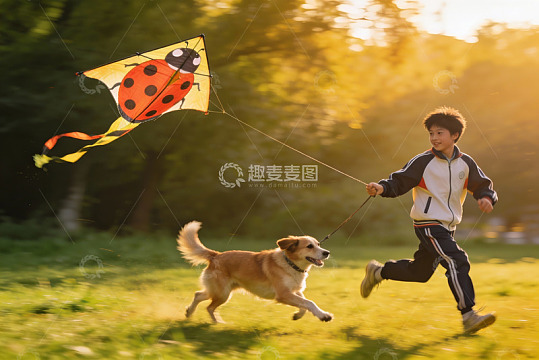 男孩与狗狗户外放风筝