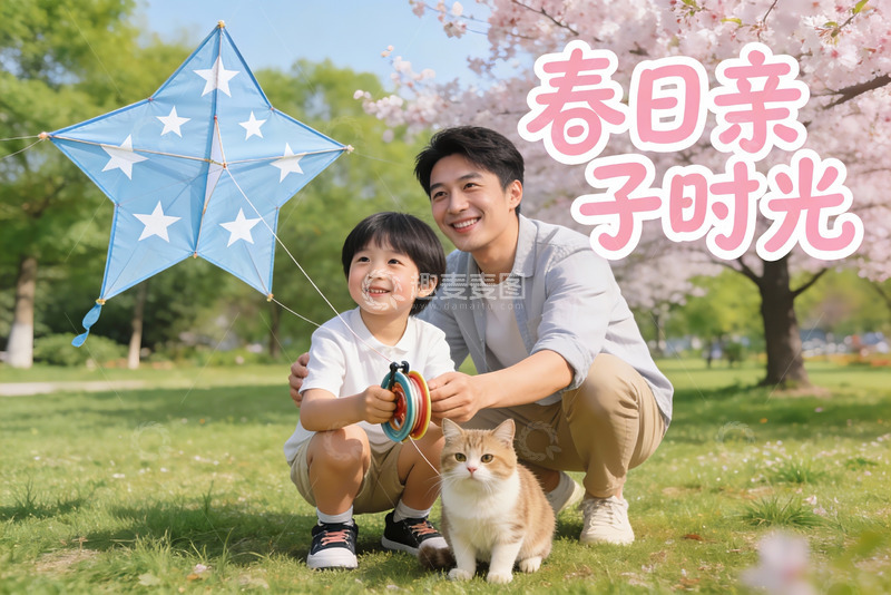 高清大图下载【趣麦麦图】春日公园亲子放风筝