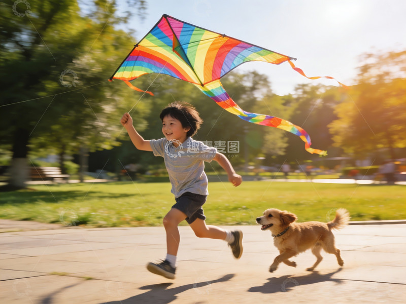 高清大图下载【趣麦麦图】小男孩公园放风筝与狗奔跑