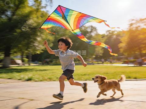 小男孩公园放风筝与狗奔跑