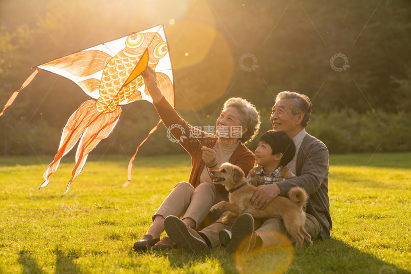 高清大图下载【趣麦麦图】三代同堂草地上放风筝