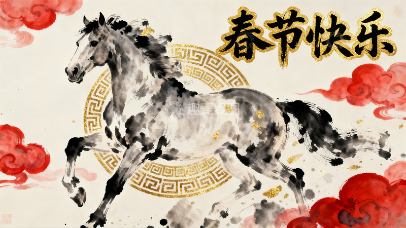 高清大图下载【趣麦麦图】水墨骏马迎春图