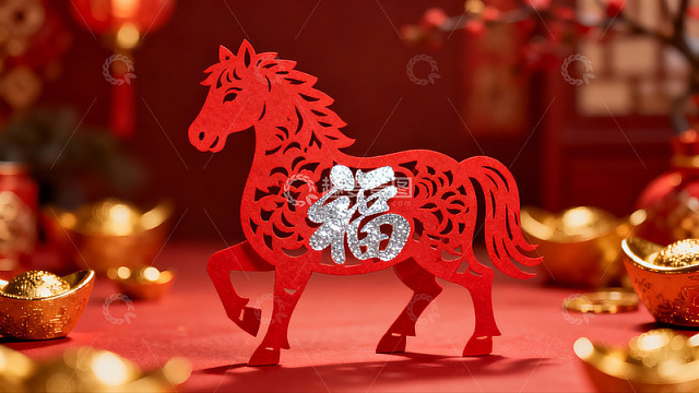 红色剪纸马与金色元宝新年装饰