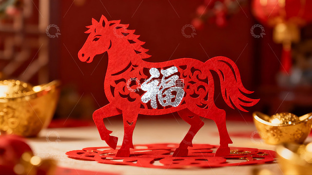 红色剪纸马与金色元宝新年装饰