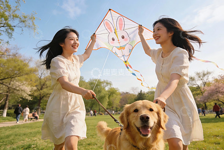 两位女子公园放风筝与金毛犬