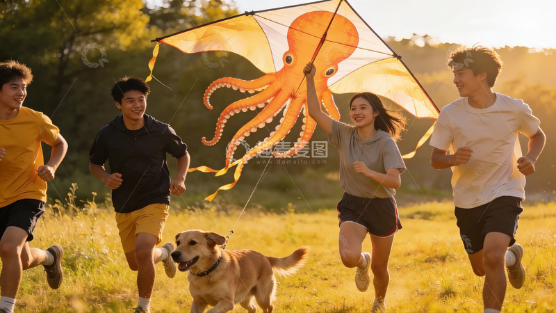 高清大图下载【趣麦麦图】四人户外奔跑携犬放风筝