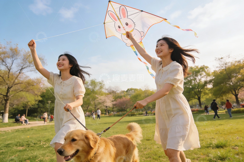 高清大图下载【趣麦麦图】两位女子公园放风筝遛狗