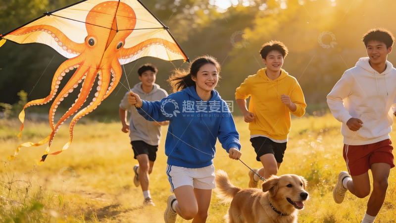 高清大图下载【趣麦麦图】青年户外奔跑放风筝