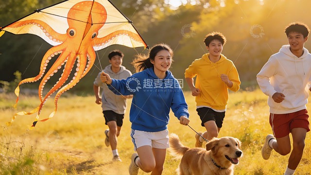 青年户外奔跑放风筝