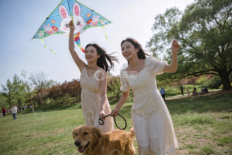 高清大图下载【趣麦麦图】两位女士公园放风筝与宠物狗