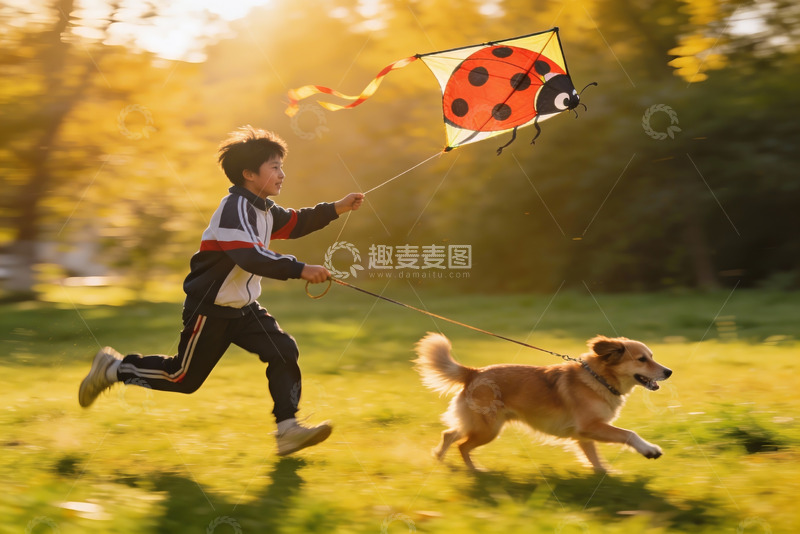 高清大图下载【趣麦麦图】男孩草地上放飞瓢虫风筝