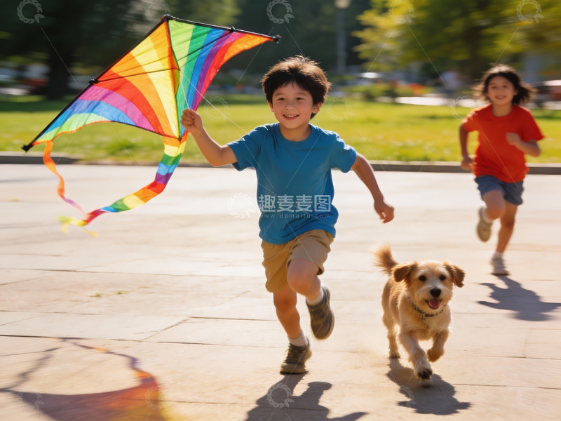 高清大图下载【趣麦麦图】儿童公园放风筝欢乐奔跑