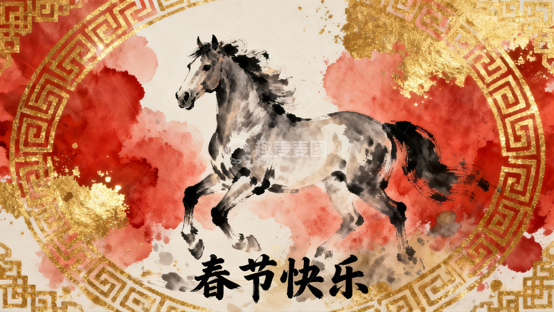 高清大图下载【趣麦麦图】水墨骏马迎春图