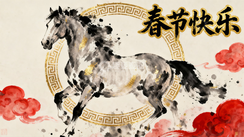 高清大图下载【趣麦麦图】水墨骏马迎春图