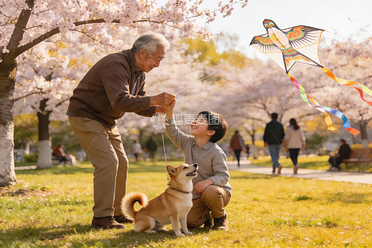 祖孙放风筝赏樱花其乐融融