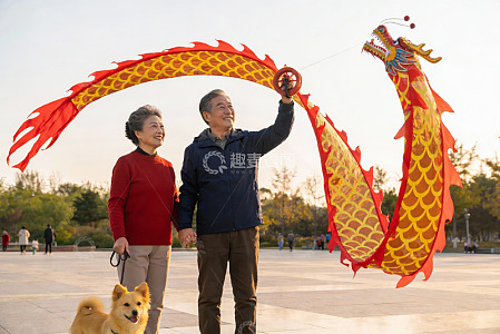 公园放龙风筝的快乐老年夫妇