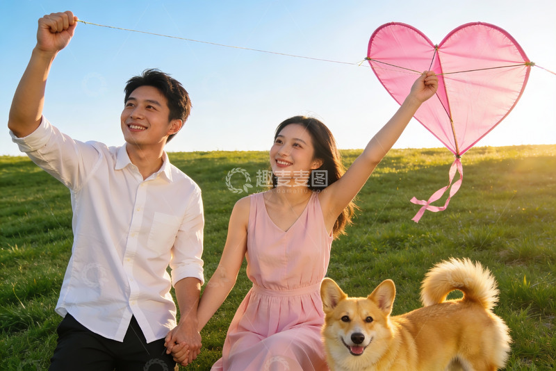 高清大图下载【趣麦麦图】情侣草地放飞爱心风筝