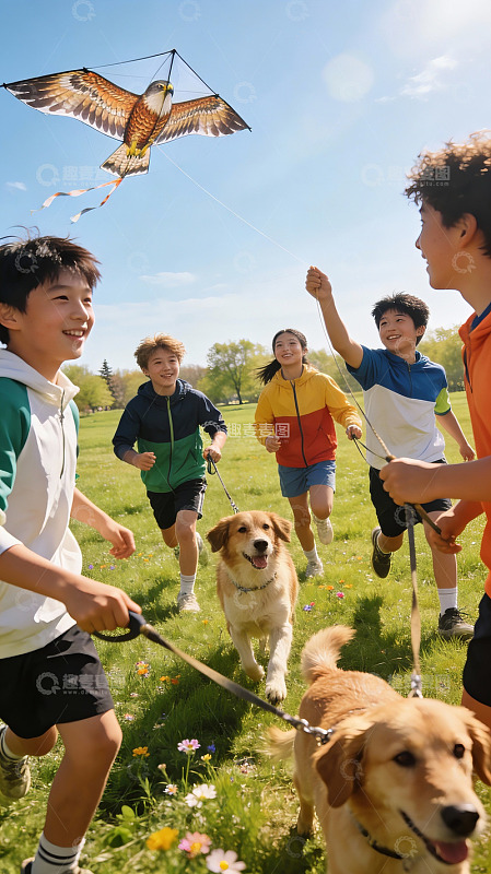 孩子们户外放风筝与宠物狗奔跑