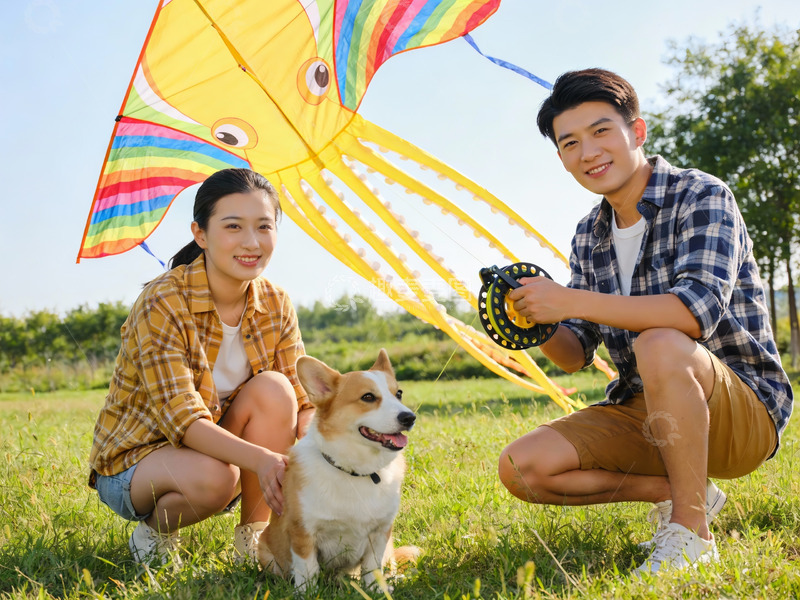 高清大图下载【趣麦麦图】情侣草地放风筝与宠物犬