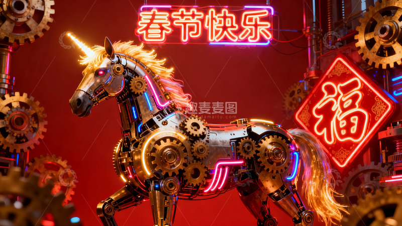 高清大图下载【趣麦麦图】机械独角兽迎新春