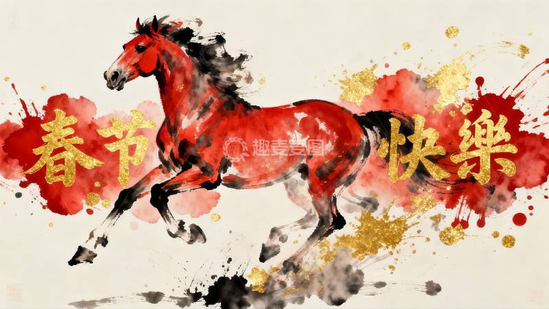 高清大图下载【趣麦麦图】水墨骏马迎春图