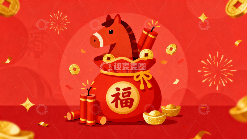 高清大图下载【趣麦麦图】红色背景新年马年福袋图案